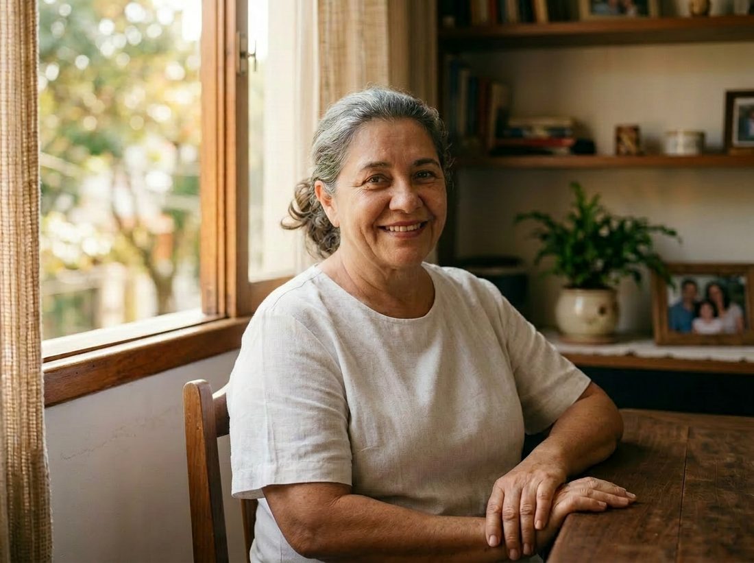 Mulher sorrindo, sentada à mesa em casa
