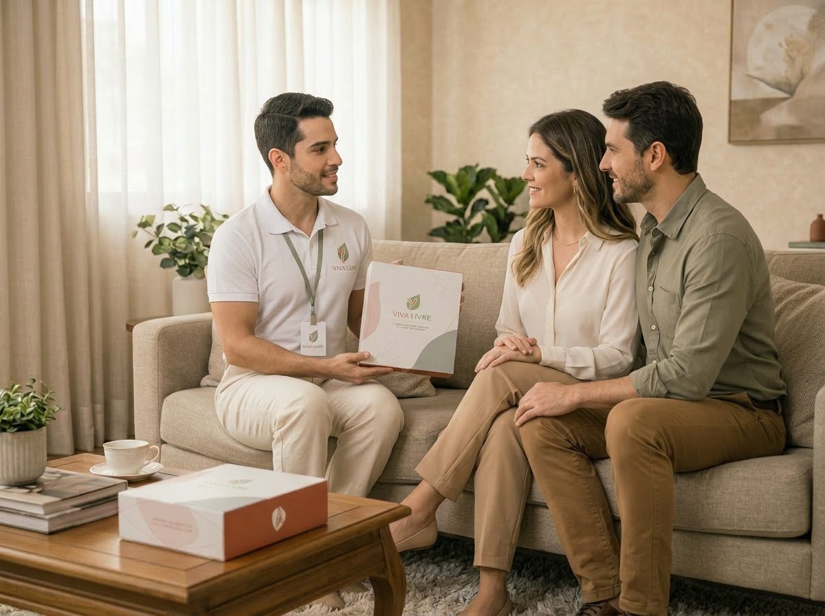 Consultor do Viva Livre apresentando o programa a um casal, na casa deles
