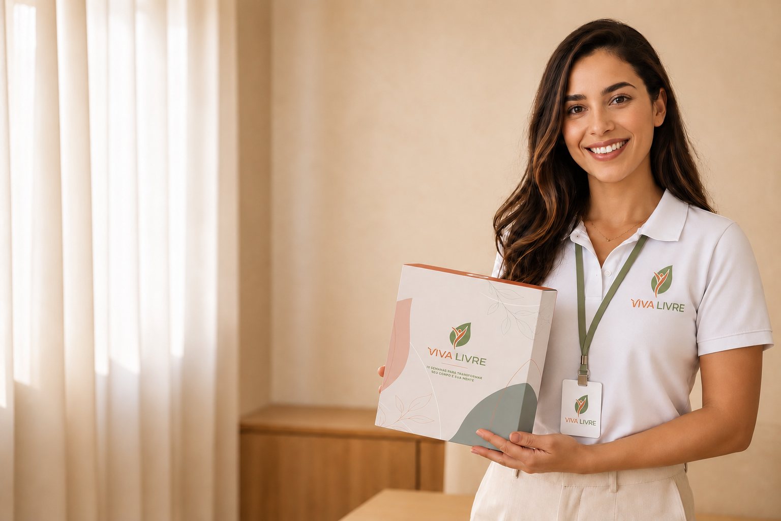 Consultora do Viva Livre segurando a caixa do programa