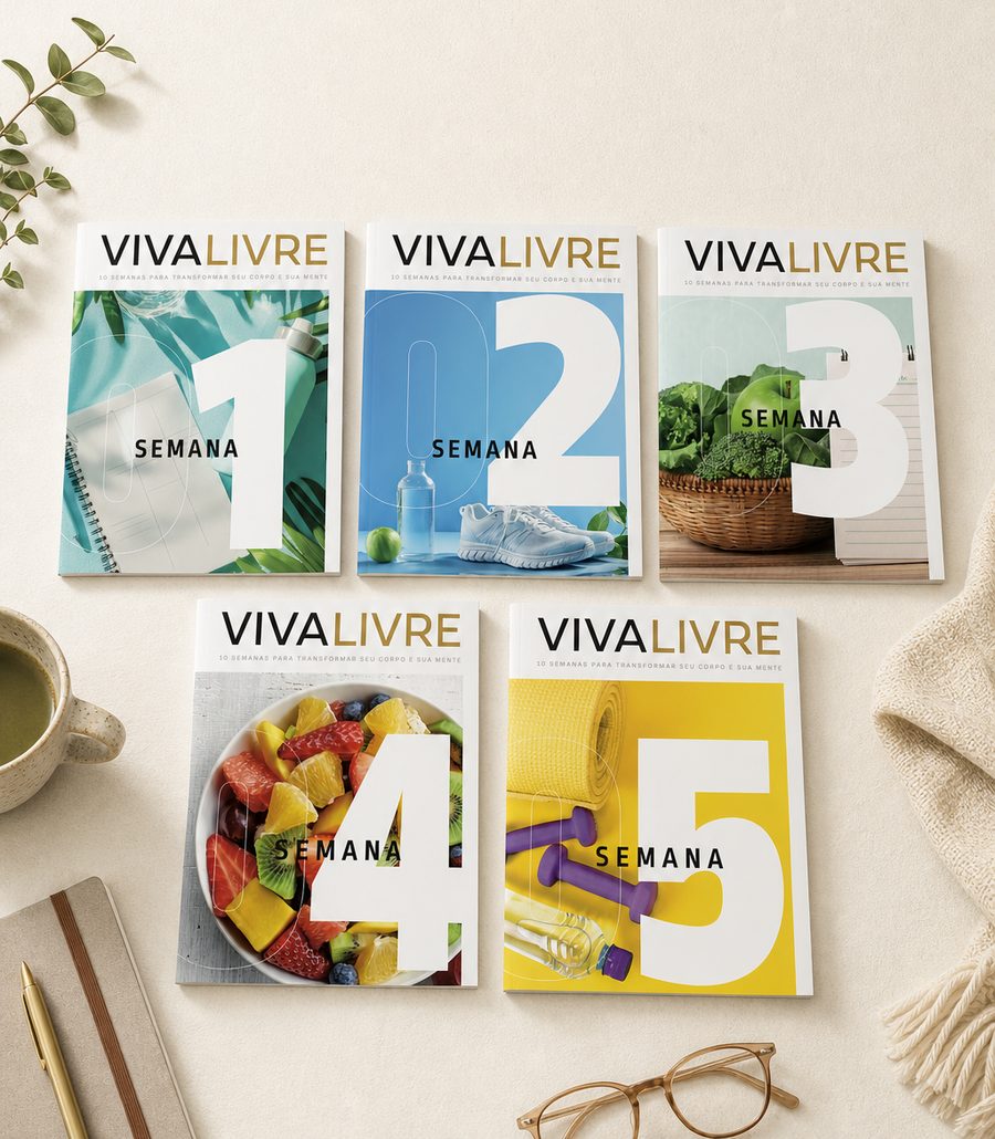 Fascículos semanais do Viva Livre, das semanas 1 a 5, sobre a mesa
